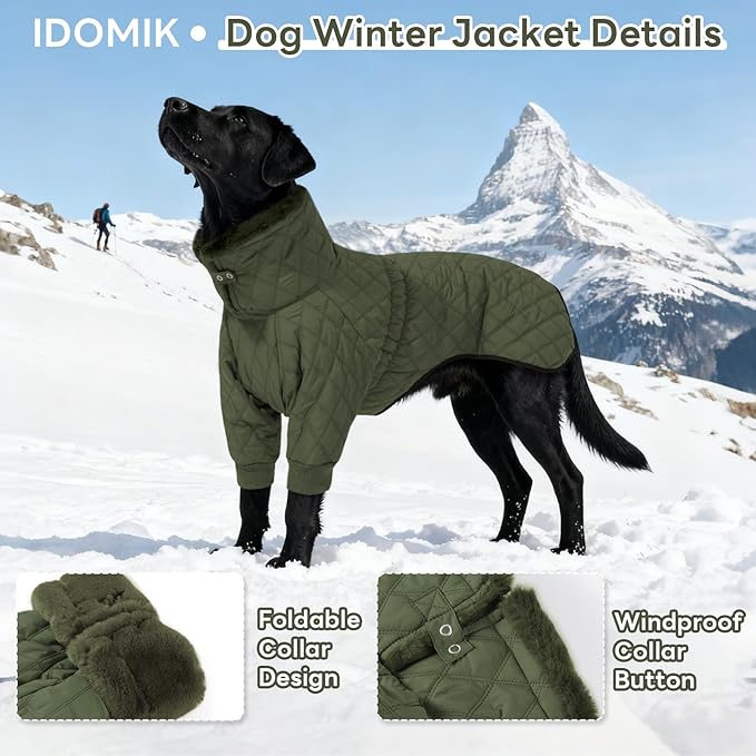 IDOMIK Dog Winter Coat for Large Dogs, Warm Dog Winter Jacket with Fleece High Collar, Zippered Cold Weather Coats for Dogs, Waterproof Doggy Snow Jacket Clothes,Green,2XL