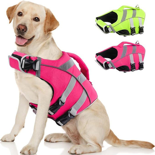 Kuoser Dog Life Jacket for Medium Dogs, Reflective Swimming Vest with High Flotation for Beach Boating, Pink L