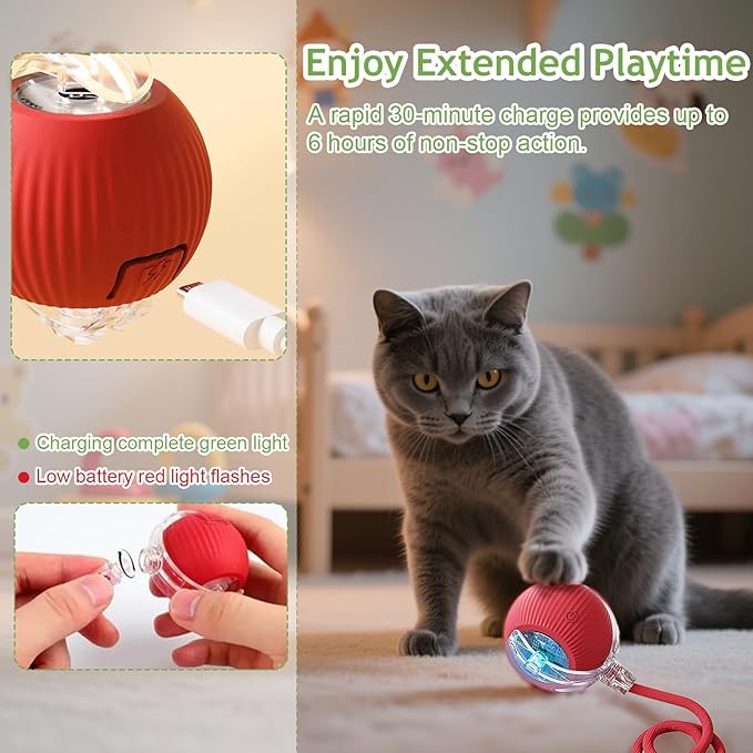 Interactive Cat Toys Balls for Indoor Cats, 2025 New Motion Activated Cat Balls with 360° Smart Automatic Rolling Moving for Bored Kitten Pet Cats Dogs (Red)