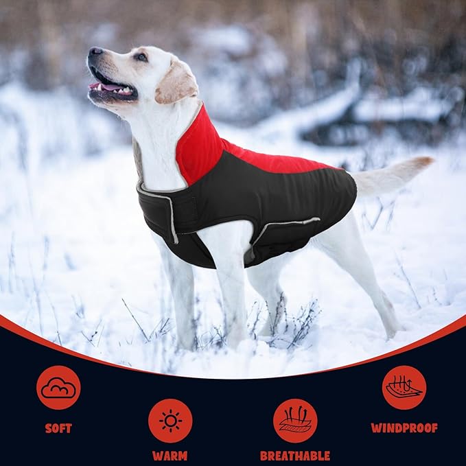 Warm Dog Coat,Waterproof Jacket in Winter Adjustable and Reversible Doggy Fleece Outfit,Thick Clothes with Foldable Collar for Puppy in Cold Days,M Red