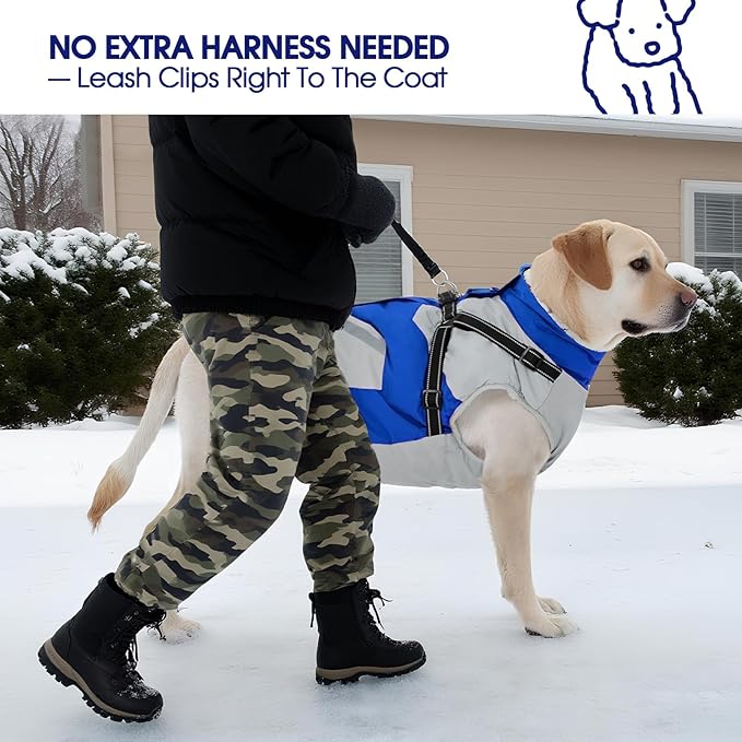 FUAMEY Dog Winter Jackets for Large Dogs,Dog Coat with Harness Built in,Waterproof Dogs Snowsuits Warm Pet Jacket Zip Up Fleece Cold Weather Coats Reflective Puppy Vest with Pocket Blue 2XL