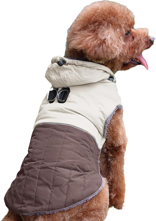 Detachable Hooded Dog Coat with Harness for Small Dogs,Super Warm Fleece Puppy Jacket for Cold Winter Doggie Coats,Brown S