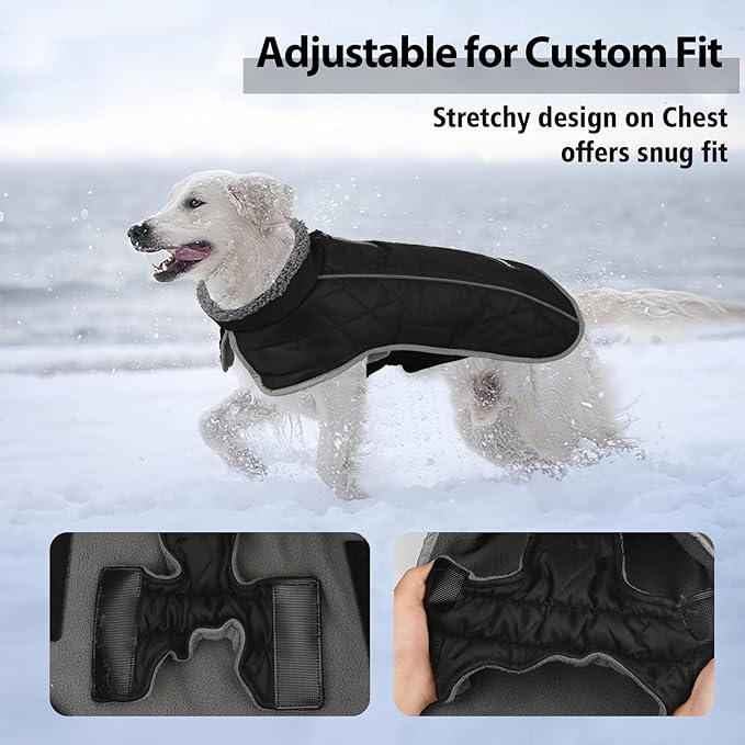 Fragralley Dog Coat Large, Waterproof Dog Jacket with Warm Fleece Lining, Adjustable Reflective Dogs Winter Coat, Turtleneck Pet Coats for Cold Weather (Black XXXL)