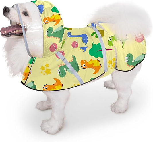 Dog Raincoat, Adjustable Rain Jacket with Hooded Double Layer for Large Medium Small Dogs Puppies, Lightweight Waterproof Rain Coat Poncho with Reflective Stripe Dinosaurs Yellow,XXL
