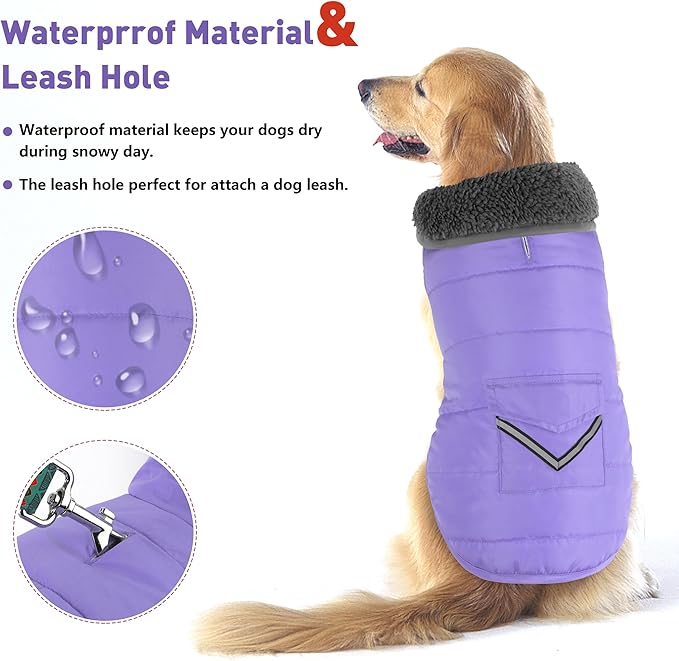 Dog Coat, Waterproof Dog Winter Jacket with Pocket, Reflective Adjustable Pet Snow Vest, Warm Cozy Fleece Sweater for Small Medium Extra Large Dogs - Light Purple, S