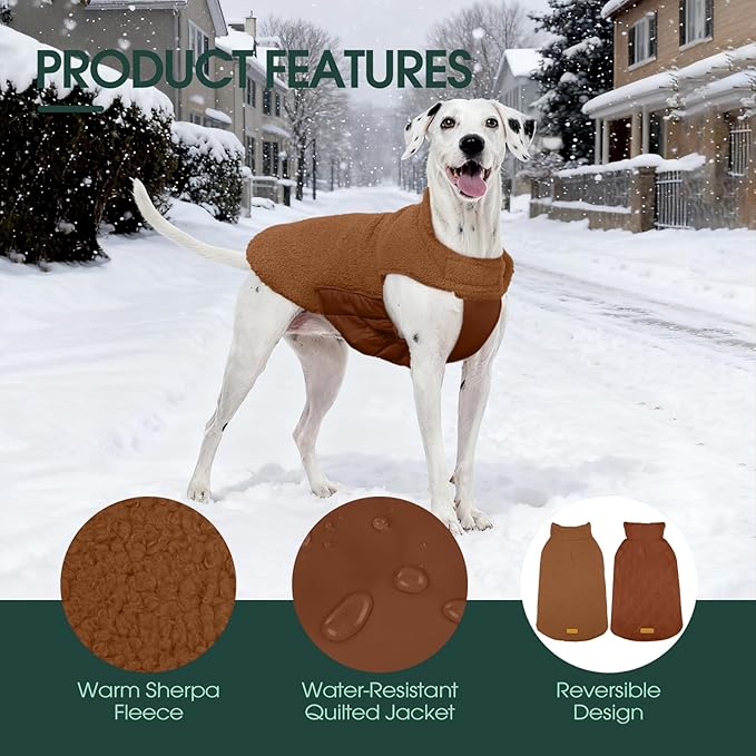 Kuoser Reversible Dog Coat – Warm Fleece & Quilted Waterproof Dog Jacket, Double-Sided Cold Weather Dogs Winter Coat with Harness Hole, Windproof Pet Snow Vest for Small Medium Large Dogs, Brown S