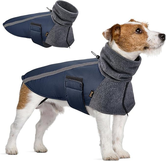 SlowTon Winter Dog Coat, Warm Polar Fleece Lining Doggie Outdoor Jacket with Turtleneck Scarf Reflective Stripe Adjustable Waterproof Windproof Puppy Vest Soft Pet Outfits (S,Dark Blue)