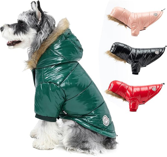 PINA Dog Winter Coat with Faux Fur Hood, Windproof and Warm, Suitable for Small to Large Dogs, Green, M