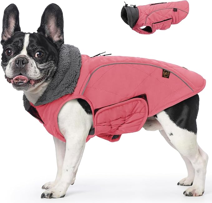 EMUST Thick Winter Dog Coat for Medium Boys with Harness Hole - Cold Weather Clothes, Pink, M