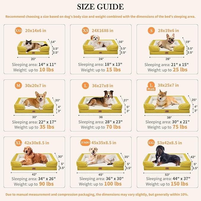 Comfort Expression Orthopedic Dog Bed for Extra Large Dogs 42x30 Inch, Waterproof Egg Crate Foam XL Pet Bed with Removable Bolsters, Dog Couch with Washable Cover & Non-Slip Bottom, Spicy Mustard