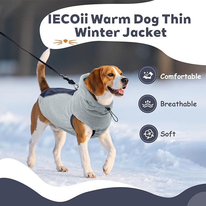 IECOii Fleece Dog Sweater for Large Dogs, Large Dog Sweater Sleeveless with Leash Hole and Reflective Strips, Fall Winter Turtleneck Hoodie Vest Lightweight & Stretchy Fit for Active Dogs, Blue, XL