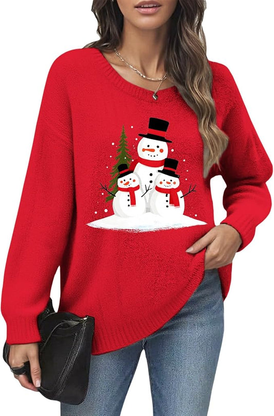 Women's Red Christmas Sweater - Festive Cartoon Patterns, Cozy Knit for Holiday Parties & Gatherings