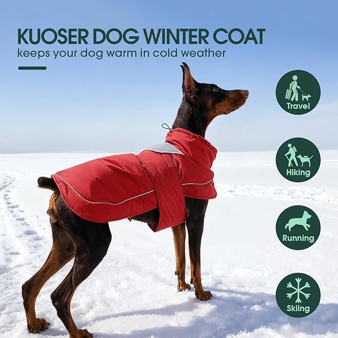 Kuoser Dog Jacket, Dog Coats for Medium Dogs, Warm Pet Winter Coat Jacket, Adjustable Fleece Pet Puffer Vest, Windproof Waterproof Doggie Raincoat Snowsuit Outfits with Reflective Strips