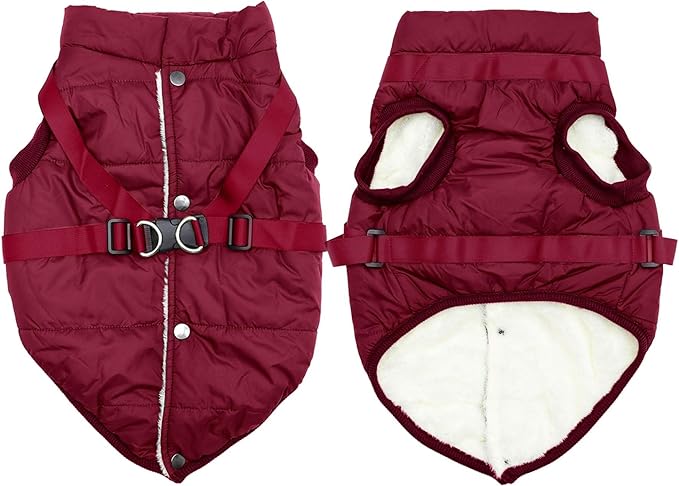Dog Jacket with Harness,Fleece Lined Warm Puppy Coat for Winter,Soft Windproof Medium Dog Vest,Red L