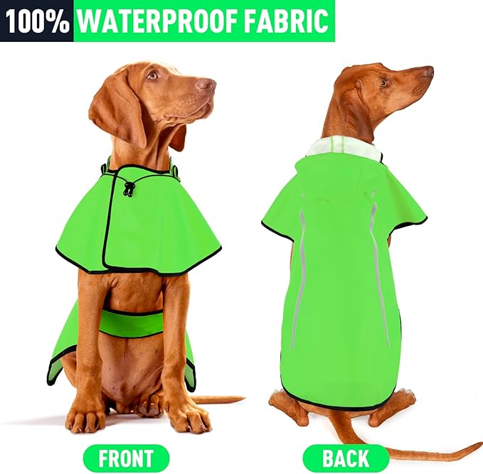 Dog Raincoat with Removable Hoodie, Rain Coats Waterproof Windproof Snowproof, Rain Jacket with Reflective Strip/Adjustable Drawstring/Leash Hole for Dog Walking (Green, X-Large)