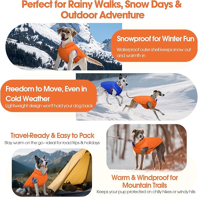 QBLEEV Reversible Dog Coat for Medium Dogs, Waterproof Windproof Winter Jacket Keeps Dogs Warm in Snow, Adjustable Hook & Loop Lightweight Dog Puffer Vest, Orange, L – Fits French Bulldog