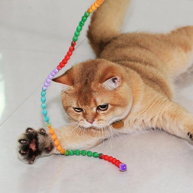Interactive Cat Toys, 3 Pcs Cat Wand Toys for Indoor Kitten with Colorful Bead Shape Hemp Rope and Small Bell, Kitty Teaser String Toy for Indoor Cats to Chase and Exercise