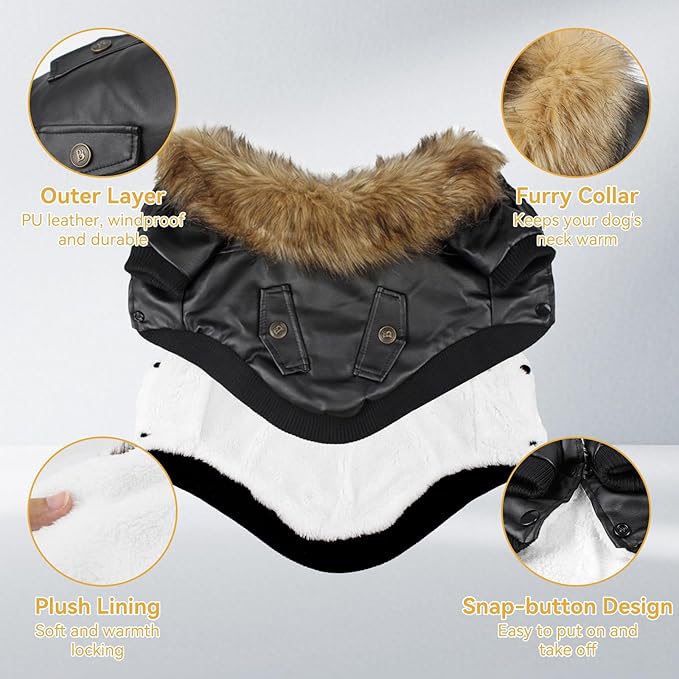 PETLESO Dog Coat for Small Dogs, Dog Leather Jacket Waterproof Windproof, Double Layer Warm Dog Winter Coat with Plush Lined, Black XL