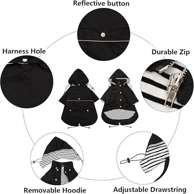 Morezi Dog Zip Up Raincoat with Reflective Buttons, Rain/Water Resistant, Adjustable Drawstring, Removable Hood, Raincoats with Legs 8lbs to 80lbs Available - Black - S