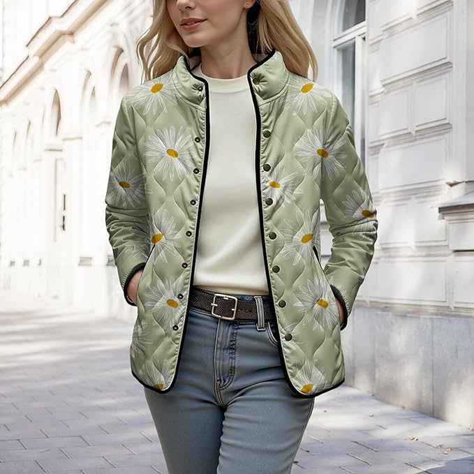 LIZALIG Women's Cropped Puffer Jacket Lightweight Floral Print Long Sleeve Padded Quilted Puffy Cardigan Coat