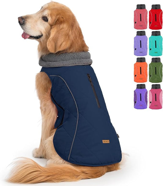 EMUST Dog Jacket Polyester Winter Coat for Medium Large Dogs, Reflective Vest with Zipper, Warm for Cold Weather, Dark Blue, L