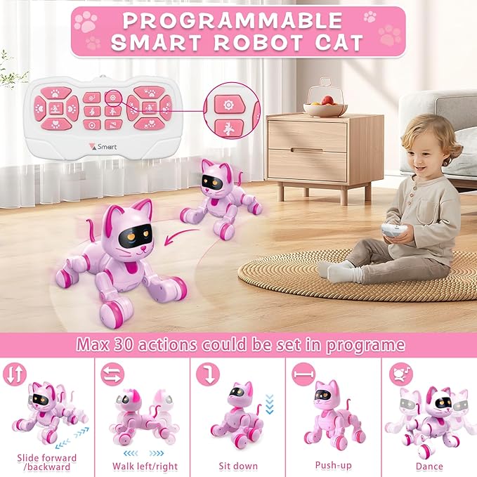 Remote Control Robot Cat, Programmable RC Smart Cat with Touch Sensing, LED Eyes Dance & Music Walking Pets STEM Toys Gifts for Kids Girls Boys