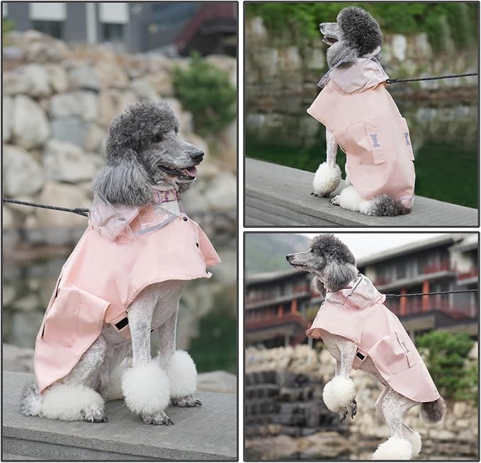 Dog Raincoat Waterproof, Adjustable Reflective Hooded Dog Rain Poncho with Leash Hole for Small Medium Large Dogs (Pink, Large)