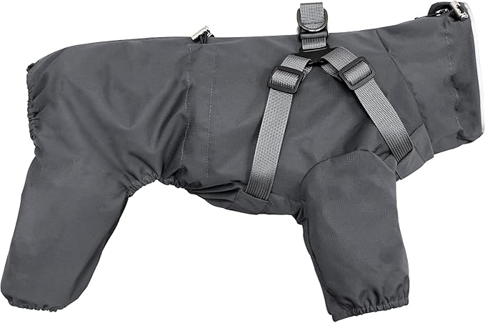 Mile High Life Waterproof Dog Raincoat, Full Coverage Small Dog Rain Coat with Harness, Adjustable 4 Legs Puppy Rain Jacket with Reflective Strip and Elastic Cuffs (Gray, XXS Back Length 9.8")