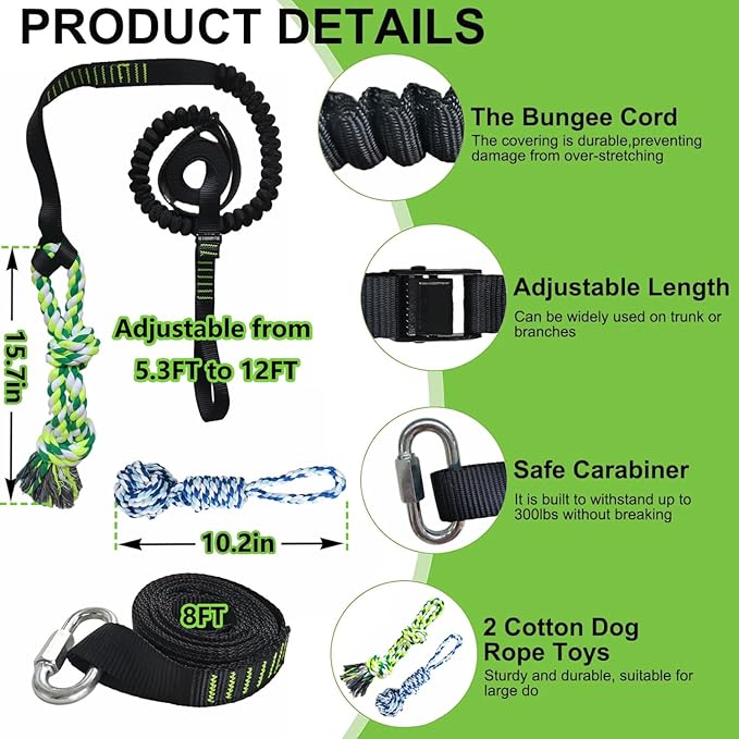 Outdoor Bungee Tug Solo Hanging Toy, Tree Tugger Dog Pull Rope Tug a War for Pitbull Medium Large Aggressive Chewers, Interactive Dog Tether Toy for Yard, 2 Rope Toys