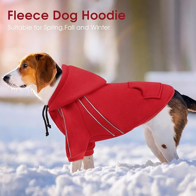 ASENKU Cozy Dog Hoodie，Soft Sweater with Adjustable Hood, Back Pocket and Leash Access Hole，Warm Reflective Sweatshirt for Cold Weather（Red，L