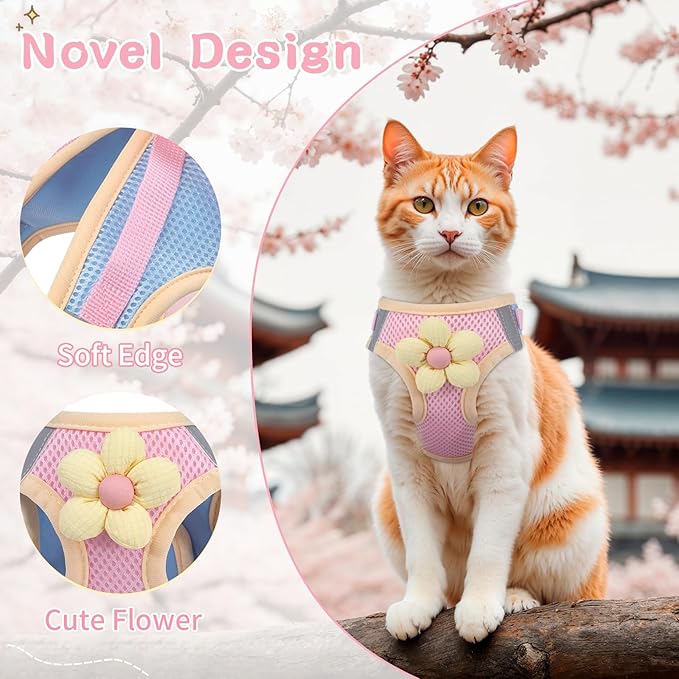 Cat Harness and Leash Set for Walking Escape Proof, Adjustable Kitten Harness Breathable Mesh with Reflective Strips Harness with Flower for Kitty Puppy Bunny Pink L