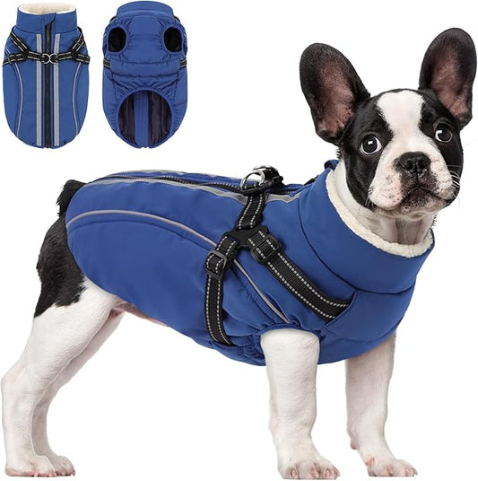 Dog Winter Coat with Harness Built in Warm Puffer Dog Jackets for Small Medium Large Dogs Windproof Waterproof Outfit with Plush Lining and Reflective Stripes (Blue, L)