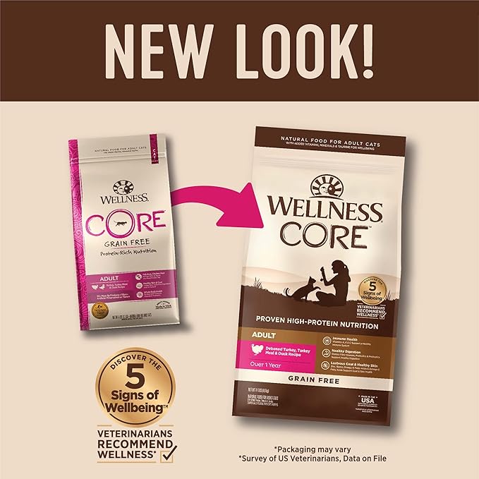 Wellness CORE Adult Dry Cat Food for Indoor & Outdoor Cats, Grain-Free, Natural, Turkey, Turkey Meal and Duck (11 Pound Bag)