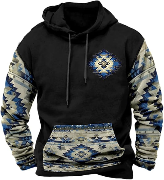 HOTYD Mens Western Aztec Sweatshirts Long Sleeve Fall Fashion Drawstring Pullover Vintage Graphic Cowboy Hoodie for Men