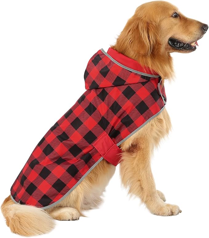 HDE Reversible Dog Raincoat Hooded Slicker Poncho Rain Coat Jacket for Small Medium Large Dogs Buffalo Plaid/Red - 3XL