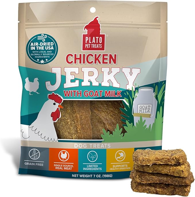 PLATO Pet Treats Dog Treats - Air-Dried Jerky - Delicious, Real Meat - Grain Free - Supports Healthy Digestion - Chicken with Goat Milk 7oz