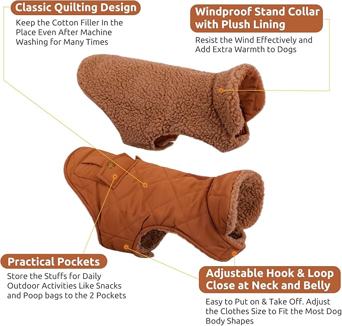 Queenmore Warm Puffer Dog Coat, Quilting Winter Jacket Ultra Thick Plush Lining with Storage Pockets (Brown, Small)