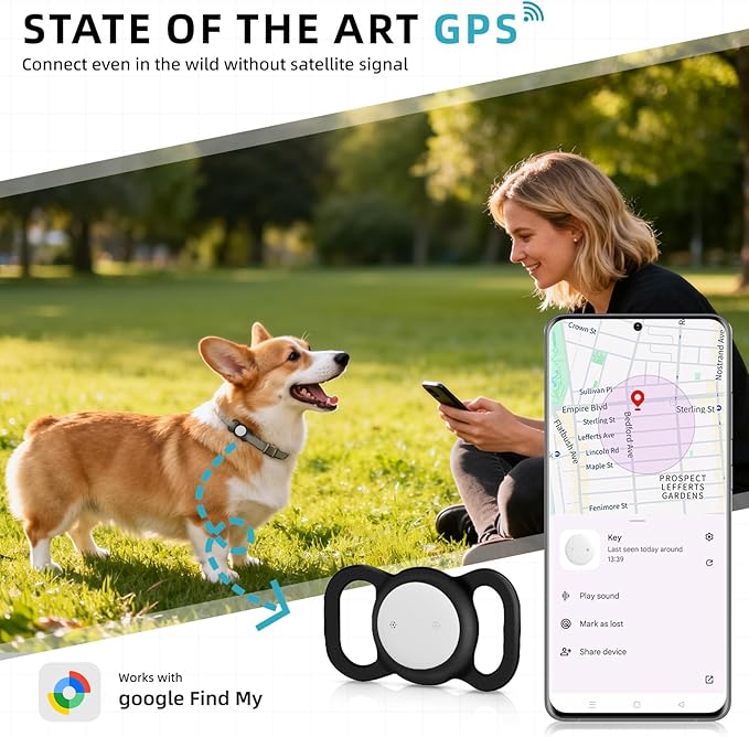 Android GPS Dog Collar, Mini Dog GPS Tracker, Smart Pet Activity Tracker, No Subscription, GPS Cat Collar Google Certified Finder, Anti-Lost, Finder Tag for Vehicles, Pets, Kids, Items