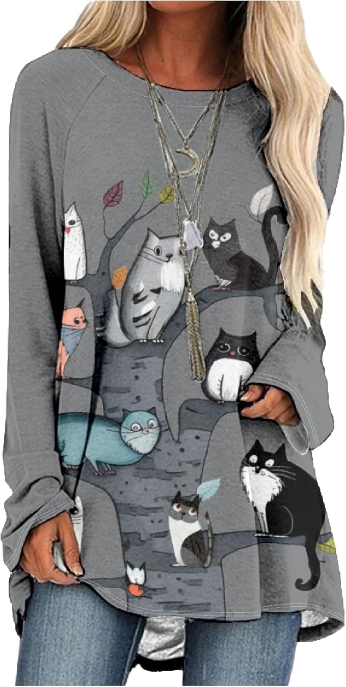 Womens Tunic Shirt Cute Cat Print Long Sleeve Round Neck Women T Shirts Cotton Casual Plus Size Vacation Tunics Tops