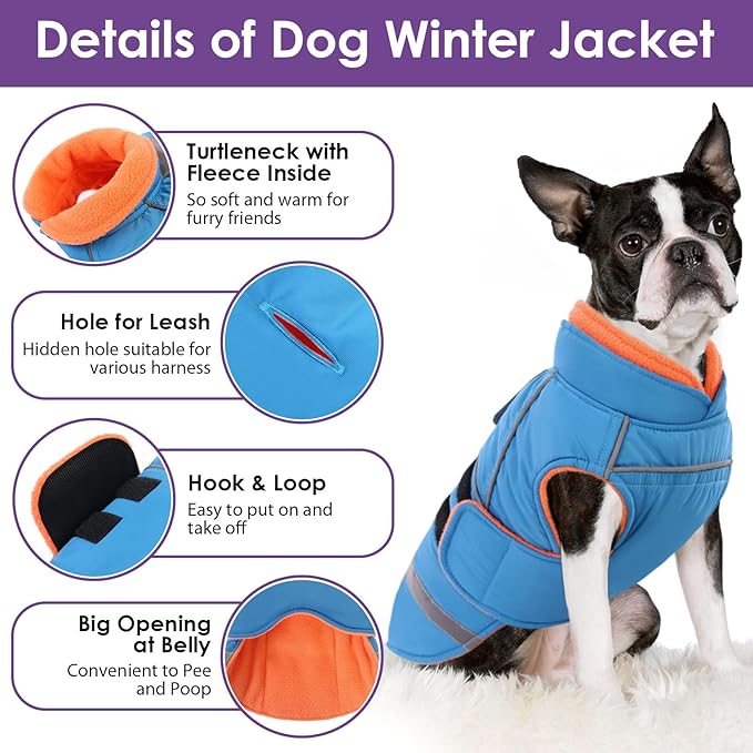 SUNFURA Dog Coats for Medium Dogs, Dog Winter Coat with Fleece Lining for Cold Weather, Warm Dogs Puffer Jacket Reflective Snowsuit with Leash Hole for Jack Russel, Boston Terrier, Turquoise M