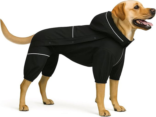 LOVELONGLONG Fleece-Lined Dog Raincoat with Removable Hood – Waterproof Winter Full Body Dog Jacket – Windproof Snowproof Cold-Weather Suit – Black-F L
