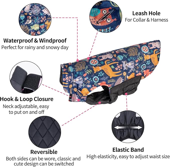 CuteBone Winter Dog Jacket, Reversible Dog Vest - Windproof & Waterproof, Thick Adjustable, Small to Large Sizes, Soft Winter Coat with Leash Hole