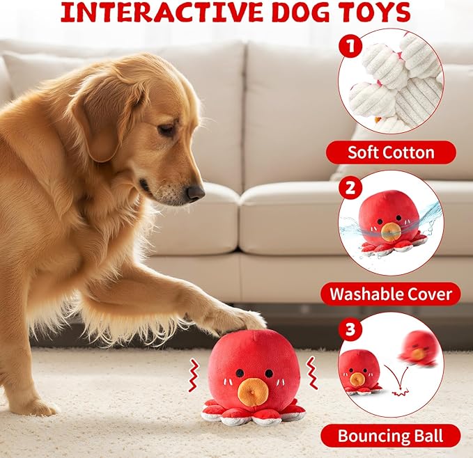 Interactive Dog Octopus Toy, Rechargeable Jumping Plush Toy with Motion Activation for Small Large Dogs, Move Bouncing Ball for Pets Keep Busy Reduce Boredom, No Loud Music (Octopus)