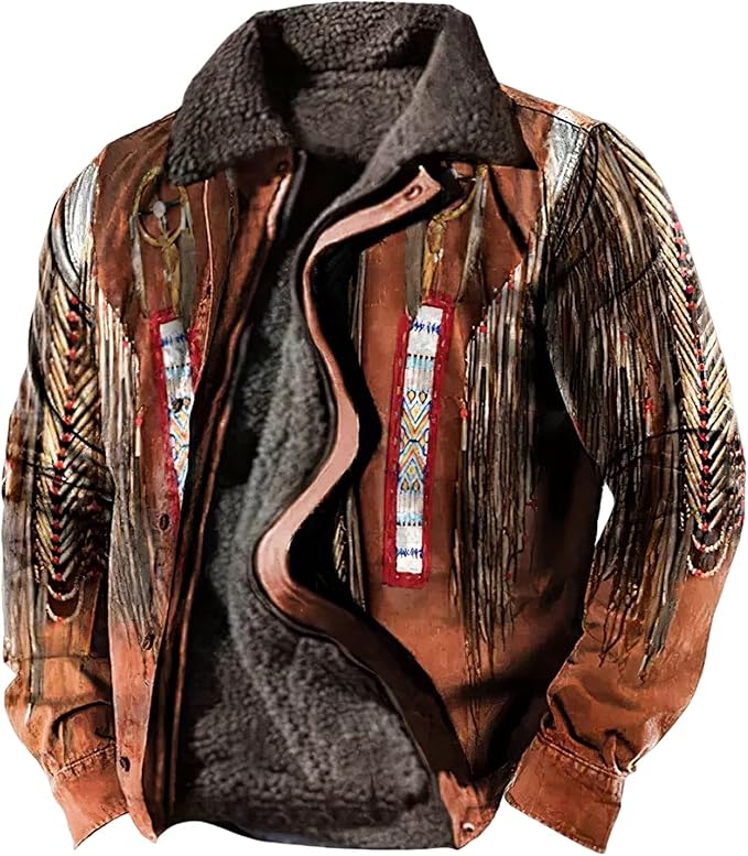 LOAIHA Men's Western Aztec Vintage Print Sherpa Fleece Lined Jackets Casual Zipper Winter Warm Jacket Coats