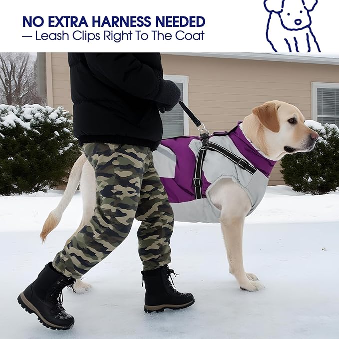 FUAMEY Dog Winter Jackets for Large Dogs,Dog Coat with Harness Built in,Waterproof Dogs Snowsuits Warm Pet Jacket Zip Up Fleece Cold Weather Coats Reflective Puppy Vest with Pocket Purple L