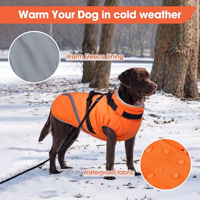 BRKURLEG Dog Winter Jackets for Large Dogs, Dog Coat with Harness Built in, Dogs Snowsuits with Zipper, Waterproof Windproof Pet Puffer Jacket Fleece Vest for Beagle, Pitbull, Orange XL