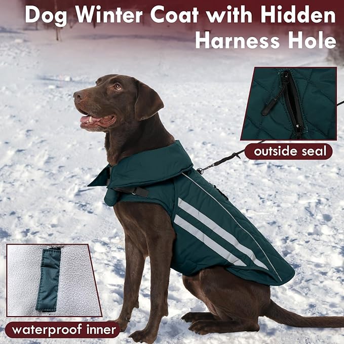 Dog Winter Coat Waterproof Dog Jacket with Harness Hole Reflective Windproof Fleece Snowsuit Turtleneck Hook & Loop Cold Weather Coats for Large Dogs Great Dane Doberman, Green 4XL
