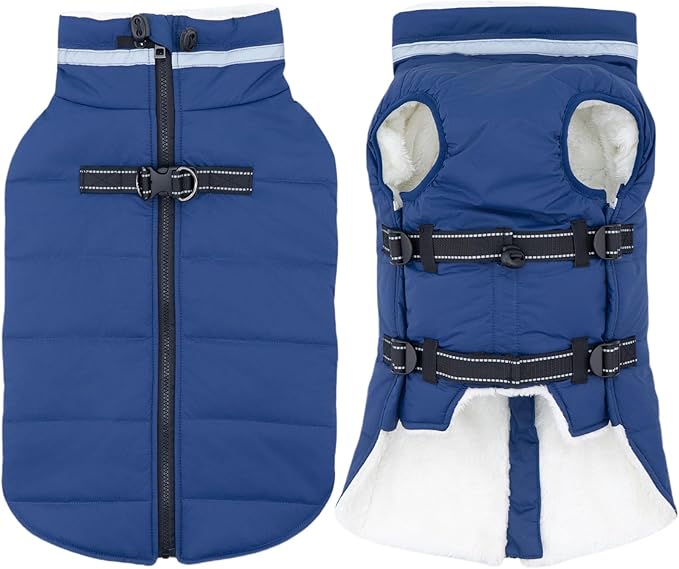 Small Dog Coat with Harness Built-in, Waterproof Reflective Fleece Lined - Warm Windproof Winter Jacket with Back Zipper, Cold Weather Snow Dog Coats - Blue - XS