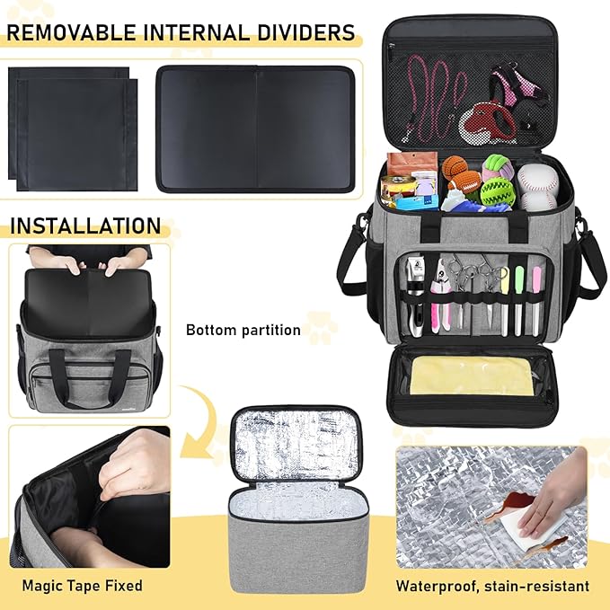 GMAK Pet Grooming Bag, Pets Grooming Tote Bags Supplies Organizer Case Dogs Cats Tools Organizer Tote for Pets Grooming Tools Kit, Clippers, Brush, Scissors or Other Pets Care Supplies, Grey(Bag Only)