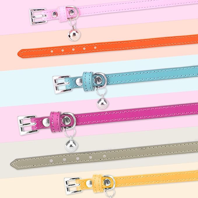 PUPTECK 2 PCS Soft Genuine Leather Cat Kitten Collar with Bells Adjustable for Girl Boy Cats Puppy - Yellow Green, Deep Purple